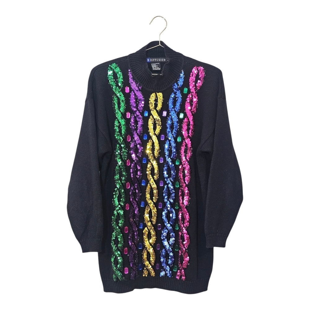 IB DIFFUSION Sweater Women's‎ Sz M Sequin/beaded Vintage 90s Geometric Black